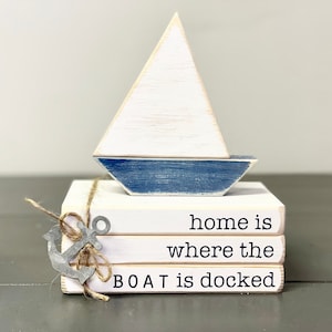 Handmade Nautical Book Stack with Wood Sailboat: Lake House Decor