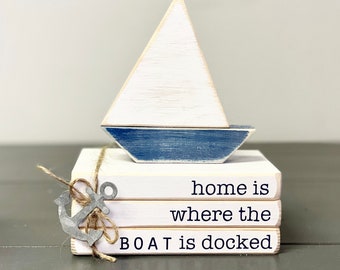 Nautical book stack, Wood sailboat, Handmade,  Nautical decor, Lake house, Cottage, Tiered tray decor