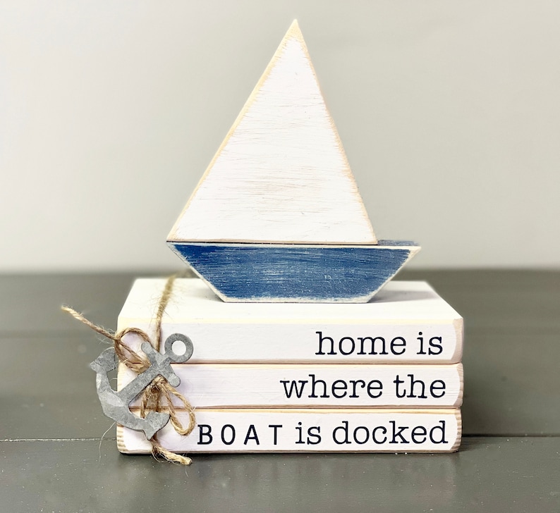Nautical book stack, Wood sailboat, Handmade, Nautical decor, Lake house, Cottage, Tiered tray decor