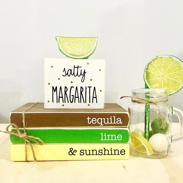 Summer tiered tray decor, Margarita decor,  Happy hour sign, Salty margarita, Lime, Bar decor,  mini book bundle, book stack, wooden books,