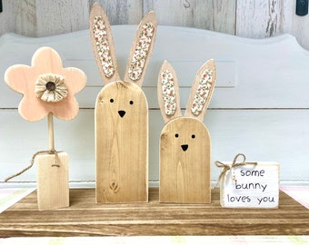 Wood bunnies, Flower nursery decor, Baby shower gift, Tiered tray, Easter basket, Baby keepsake, Nursery shelf sitters