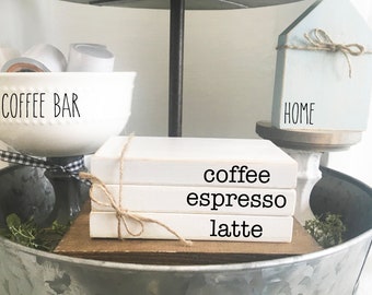 Wood books, mini book stack, coffee bar, farmhouse decor, faux books, tiered tray, kitchen decor, coffee, espresso, latte,  housewarming