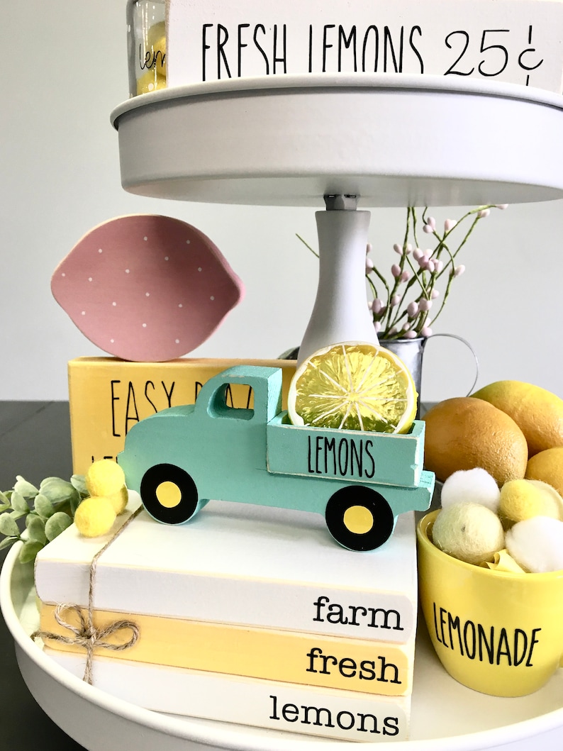 Lemon tiered tray bundle, Mini book stack, Lemonade decor, Farm fresh lemons, Faux books, Tiered tray decor, Summer, lemonade mug image 2