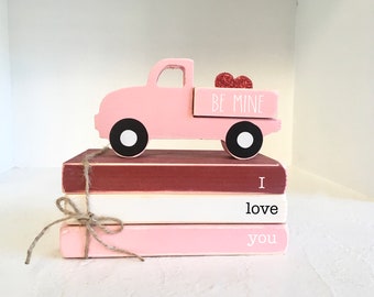 Valentines day, Tiered tray decor, mini books, Wooden truck, Mini book bundle, Book stack, pink truck,  Faux books,  Valentines gift