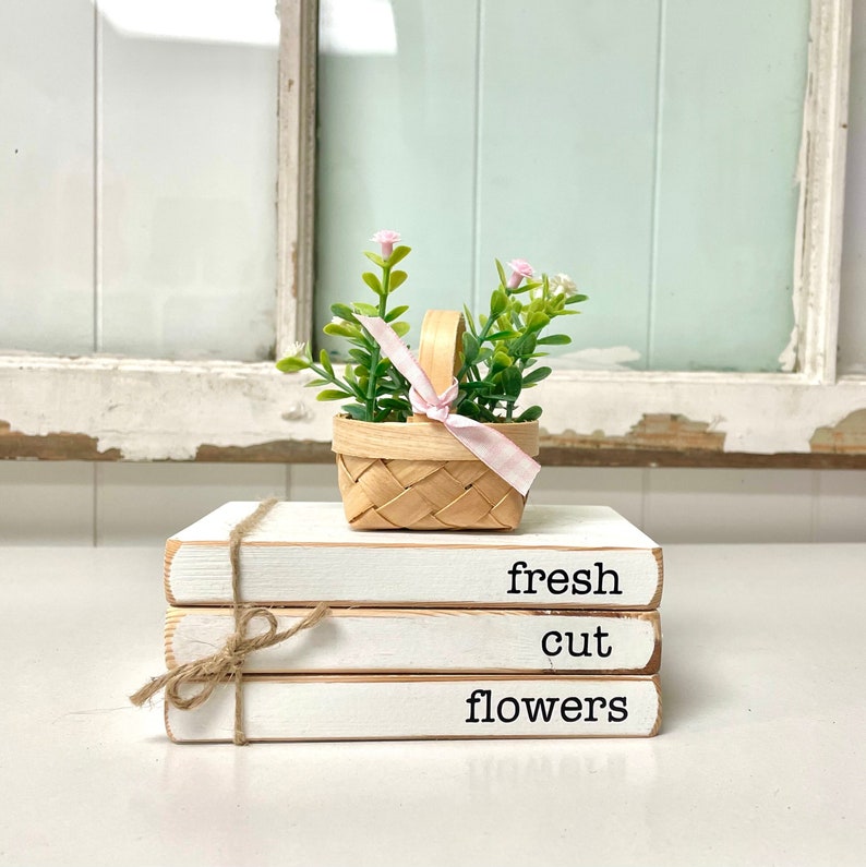 Wood book stack for spring decor for home fresh cut flowers tiered tray books mini flower basket gift for mom image 1