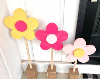 Large wood daisies for girls nursery decor yellow and pink flowers baby shower gift