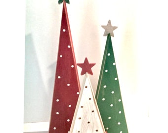Handmade Polka Dot Wooden Christmas Tree Set: Red, Green, Cream Decor
