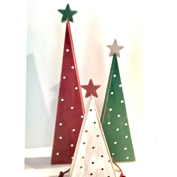 Polka Dot Wooden Christmas Trees: Rustic Holiday Decor, Set of 3