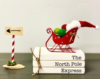 Christmas decor, Metal sleigh, Tiered tray decor, Mini book bundle, Book stack, Santa, Faux books, The North Pole, Christmas gift