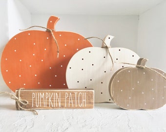 Wooden pumpkins, Fall decor, Autumn, rustic, Farmhouse, decor, Tiered tray, Tiered tray decor, Wood pumpkins, Pumpkin patch sign, polka dot