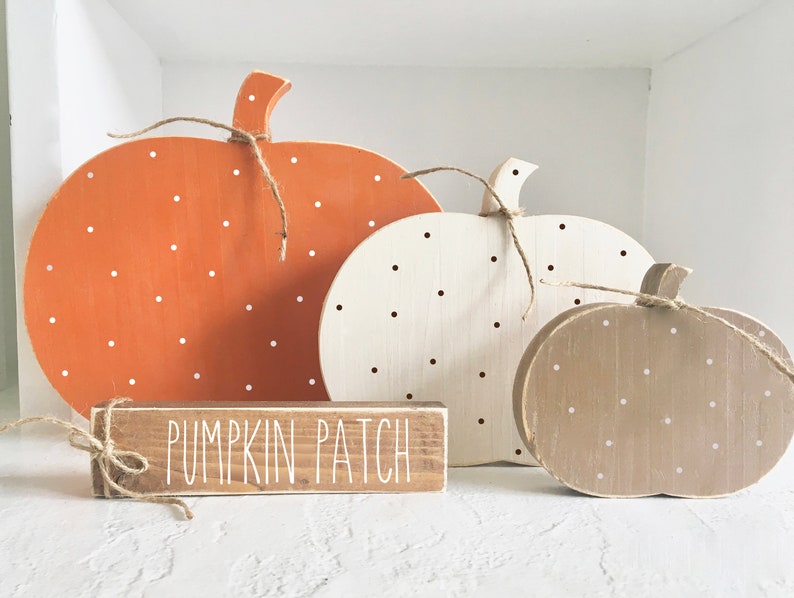 Wooden pumpkins, Fall decor, Autumn, rustic, Farmhouse, decor, Tiered tray, Tiered tray decor, Wood pumpkins, Pumpkin patch sign, polka dot image 1