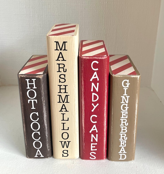 Christmas Book Stack Decor: Candy Cane Wooden Bookshelf Sitter