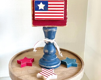 Americana Wood Flag Tiered Tray Decor: Rustic 4th of July Pedestal
