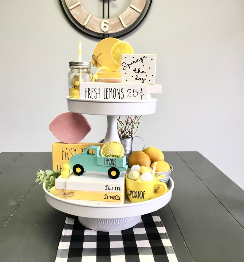 Lemon tiered tray bundle, Mini book stack, Lemonade decor, Farm fresh lemons, Faux books, Tiered tray decor, Summer, lemonade mug image 1