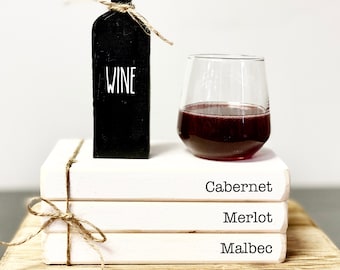 Wine Decor: Mini Book Stack, Faux Wine Glass & Wooden Bottle