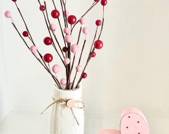 Valentines day decor sweater vase with red and pink berries for tier tray decor, Cream sweater vase and wood heart