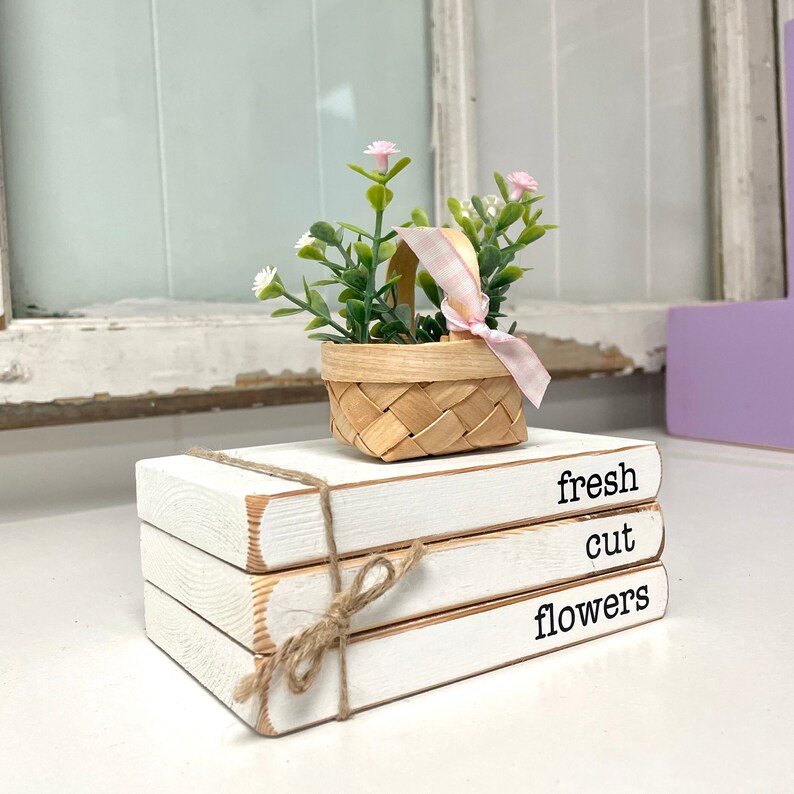 Wood book stack for spring decor for home fresh cut flowers tiered tray books mini flower basket gift for mom image 3