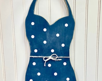 Wooden Bathing Suit Wall Art: Navy Polka Dot Nautical Decor