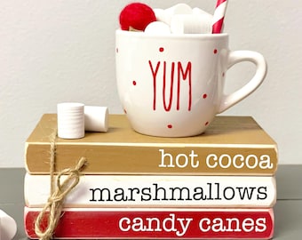 Hot Cocoa Mini Wood Book Stack: Farmhouse Christmas Tiered Tray Decor