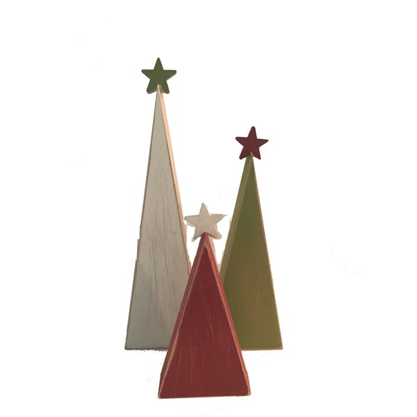 Wooden Christmas trees, Set of 3, Shelf sitters, Holiday tiered tray decor, modern teacher gift