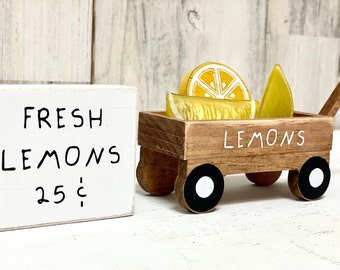Décoration citron pour plateau d'été, décoration de cuisine, wagon en bois et enseigne au citron