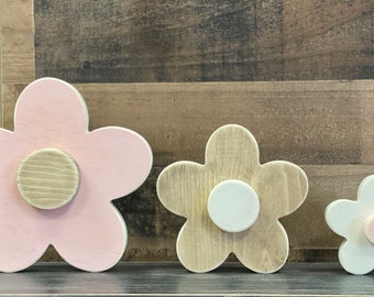 Flores de madera para guardería, Margaritas de madera, Regalo de baby shower para niña, Decoración de primavera, Hogar de estilo moderno y habitación para niños, Pared rosa y flor de estante