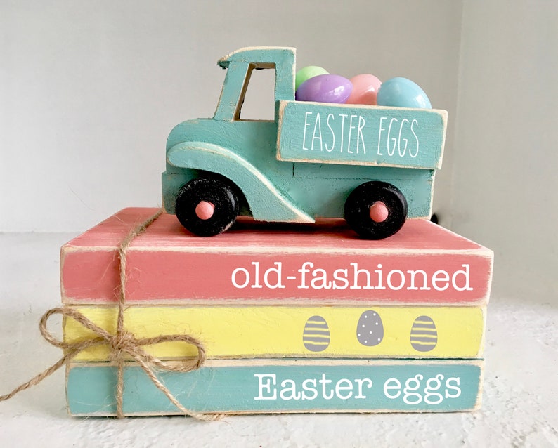 Wood books Easter truck mini book stack Easter decor image 0
