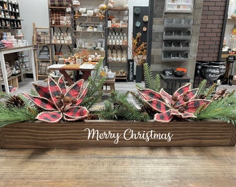 Personalized Christmas centerpiece, Wooden box for table, Christmas floral arrangement, Plaid poinsettia, Christmas decor, Hostess gift