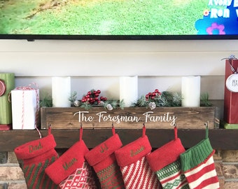 Personalized family stocking holder, 30 inch, Wooden mantle box, Hooks for Christmas stockings and pets