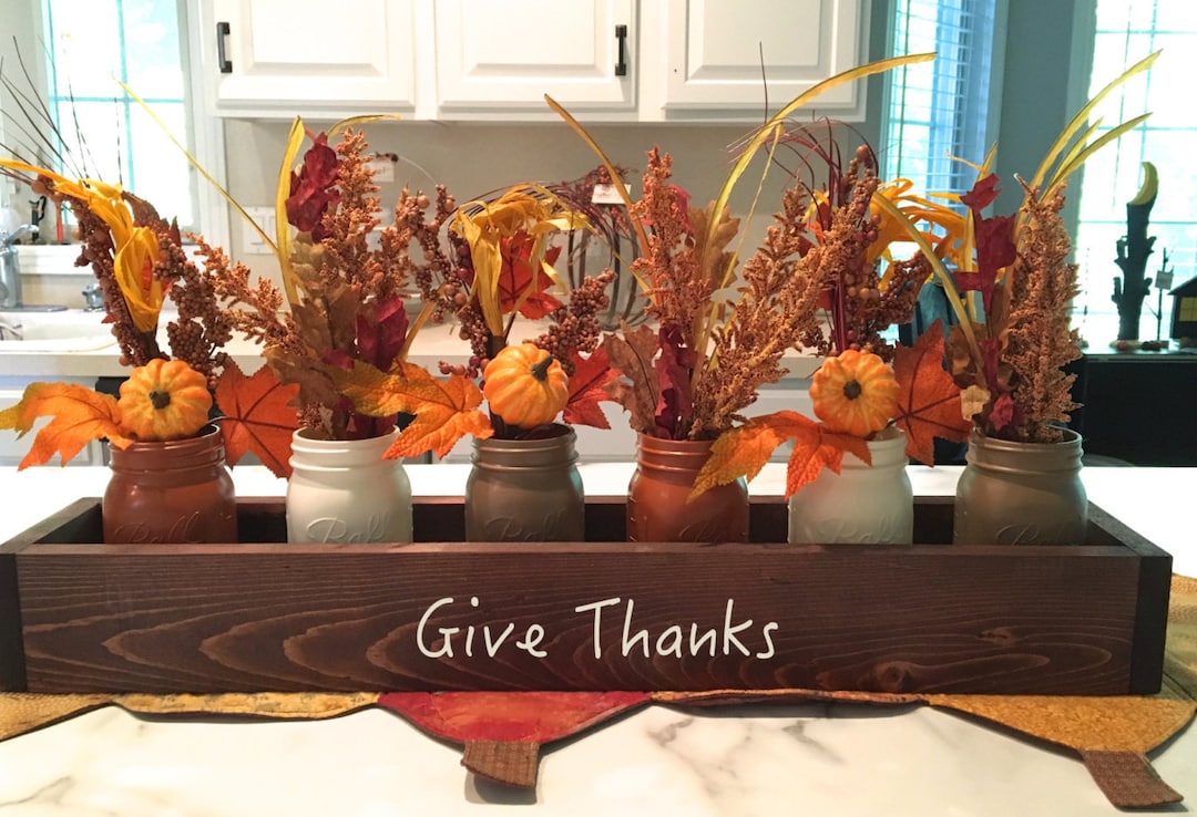 Fall Centerpiece, Wooden Table Box, Thanksgiving Decor, Mason Jars