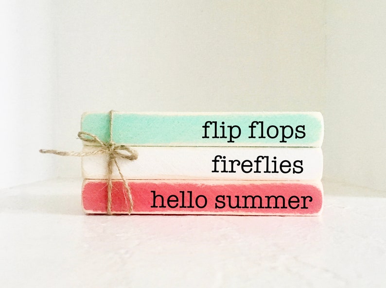 Wooden books, Summer decor, flip flops, fireflies, Farmhouse decor, Faux books, Tiered tray decor, firefly jar, Hello summer, summer image 2