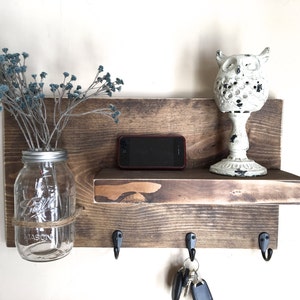 entryway shelf, key holder, wall vase, shelf with hooks, kitchen shelf, farmhouse shelf, rustic shelf, reclaimed wood, mason jar wall vase image 2