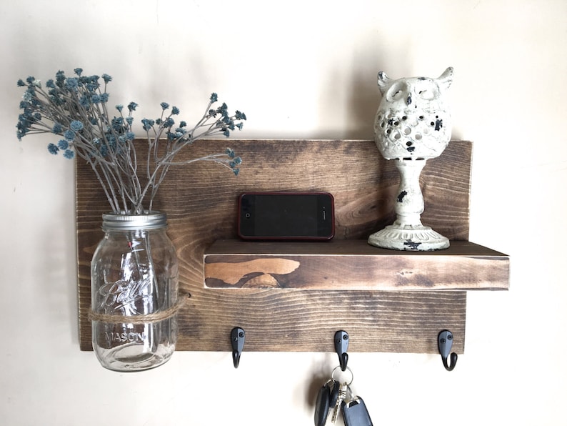 entryway shelf, key holder, wall vase, shelf with hooks, kitchen shelf, farmhouse shelf, rustic shelf, reclaimed wood, mason jar wall vase image 2