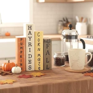 Fall decor wood book stack Fall plaid, Rustic Autumn Shelf Sitter for Coffee Bar, Tiered Tray, Entryway Table
