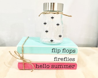 Wooden books, Summer decor, flip flops, fireflies, Farmhouse decor, Faux books, Tiered tray decor, firefly jar, Hello summer, summer