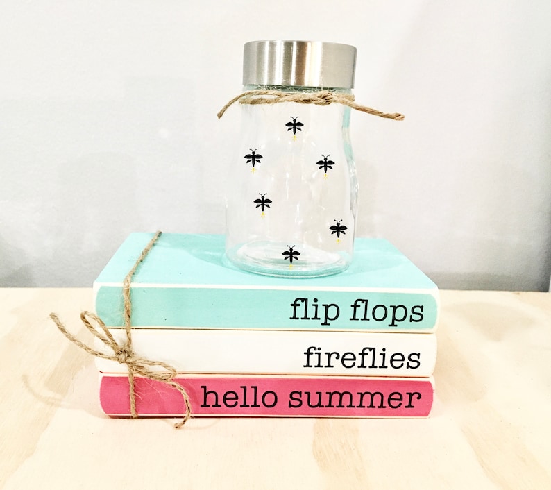 Wooden books, Summer decor, flip flops, fireflies, Farmhouse decor, Faux books, Tiered tray decor, firefly jar, Hello summer, summer image 1