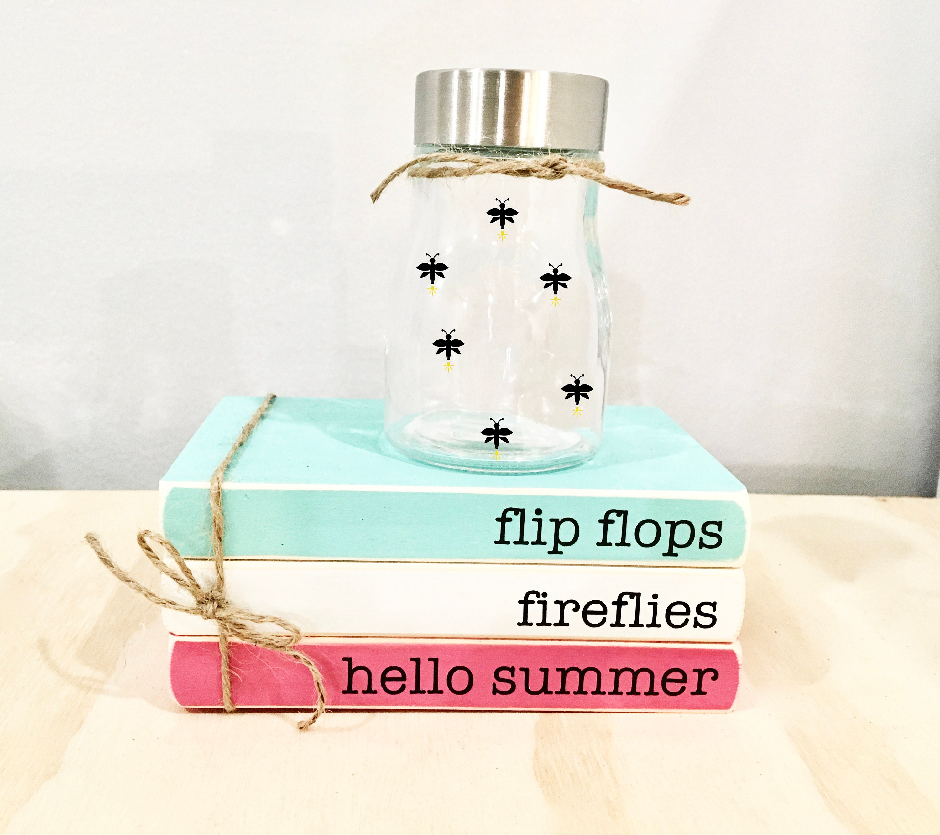Wooden books, Summer decor, flip flops, fireflies, Farmhouse decor, F…