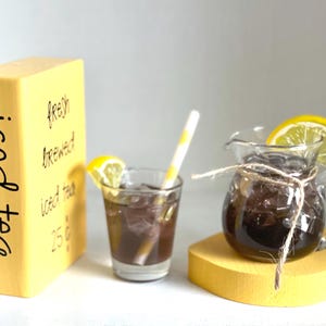 Faux Iced tea pitcher and glass for summer tiered tray, Wooden lemon  and book block for summer display, Tea decor for photo prop