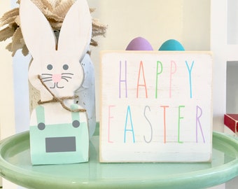 wood bunny with sign, Easter decor, Easter bunny, wood sign, Happy Easter