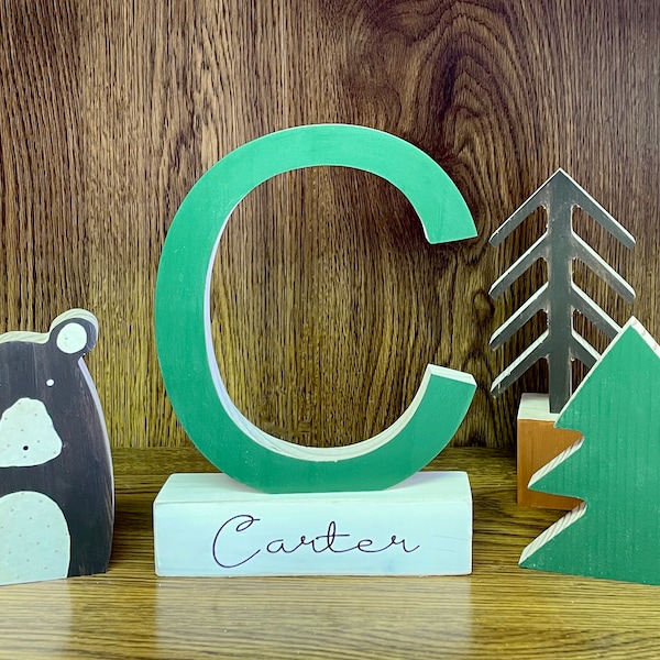 Personalized woodland nursery decor, Wooden letter, Modern nursery, Green initial, Baby shower gift, Wooden animals for nursery, Boy room