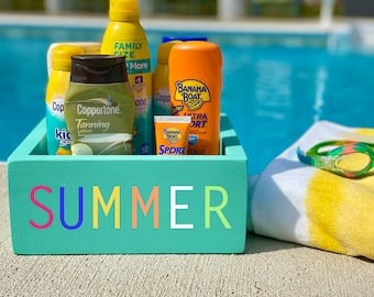 Boîte en bois pour crème solaire, Rangement d'été, Piscine, Support de crème solaire, Jouets de piscine, Assiettes d'été, Pool party