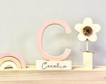 Décoration de chambre d'enfant, Lettre en bois, Personnalisé, Fleur en bois, Arc-en-ciel, Girafe, Éléphant, Chambre de bébé moderne, Cadeau de baby shower, Bloc nom, petite fille