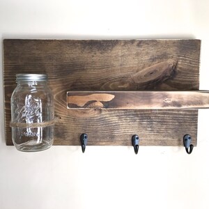 entryway shelf, key holder, wall vase, shelf with hooks, kitchen shelf, farmhouse shelf, rustic shelf, reclaimed wood, mason jar wall vase image 3