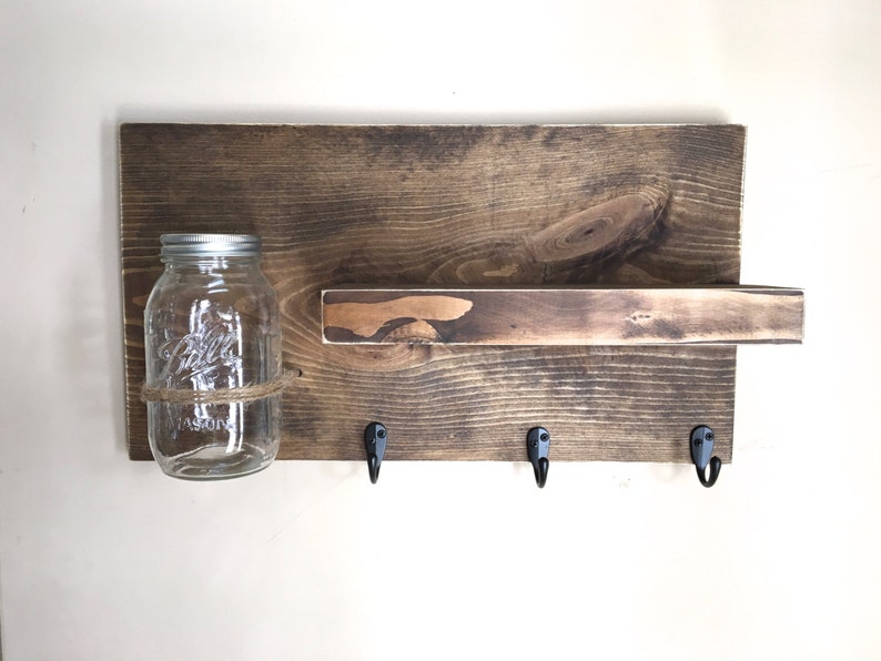 entryway shelf, key holder, wall vase, shelf with hooks, kitchen shelf, farmhouse shelf, rustic shelf, reclaimed wood, mason jar wall vase image 3