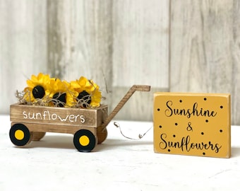 Sunflower wagon for summer tiered tray, Wooden sign home decor