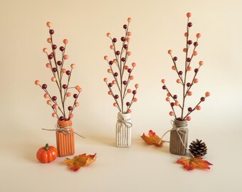 Fall Berry Stem Centerpiece in Mini Glass Jars – Neutral Rustic Table Decor, Autumn Shelf Decor, Thanksgiving Mantle Decoration