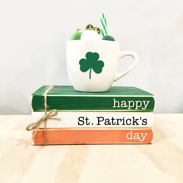St. Patrick's Day Tiered Tray Decor: Irish Flag Wooden Book Stack & Shamrock Mug