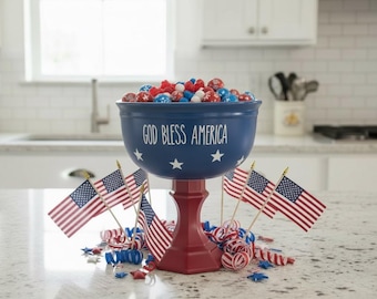 Patriotic “God Bless America” Candy Bowl | Red White Blue Pedestal Bowl | 4th of July Decor | Americana Kitchen Display | Holiday Party Dish