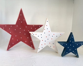 4th of July decor, wooden stars, patriotic , Memorial day, rustic, holiday, seasonal, wood, tiered tray decor, shelf sitter, polka dot stars