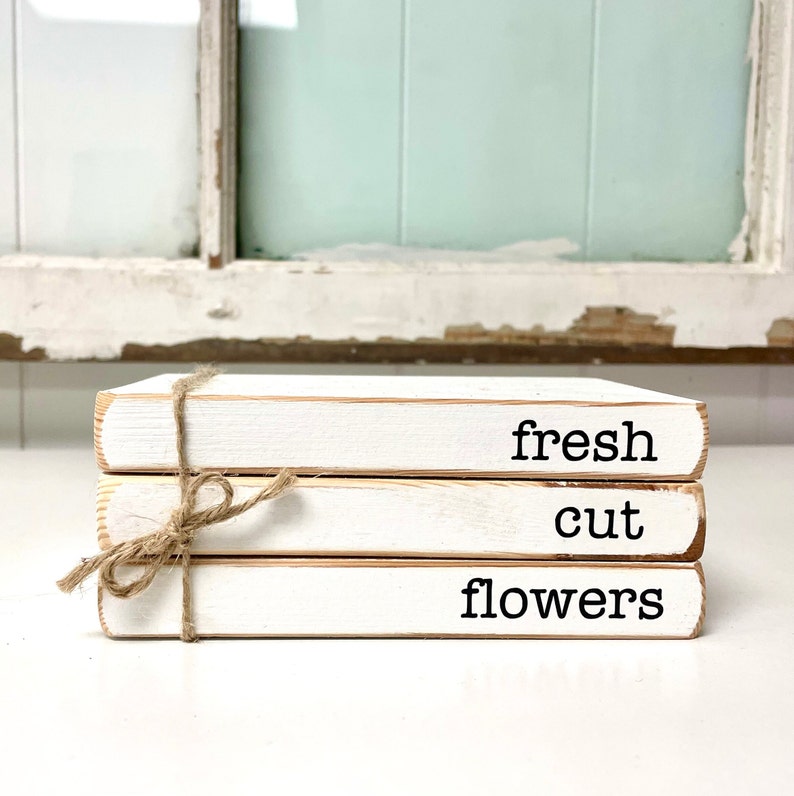 Wood book stack for spring decor for home fresh cut flowers tiered tray books mini flower basket gift for mom image 6